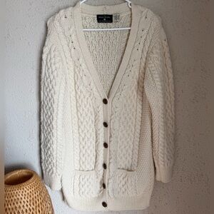 Vintage Irish Merino Wool Cable Knit Cardigan Cream Aran Sweater Cozy Classic